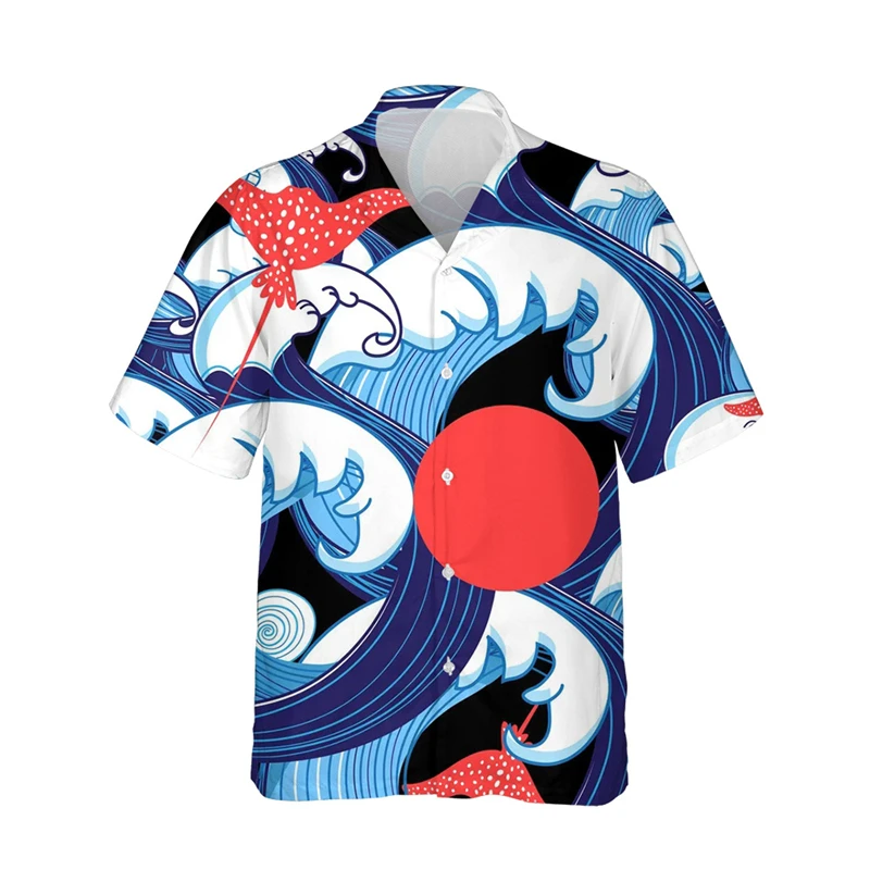 Men's Sea Wave Shirts 3D Print Clothes Fashion Button Short Sleeve Lapel Streetwear Shirt For Men Hawaiian Shark Blouse Shirt