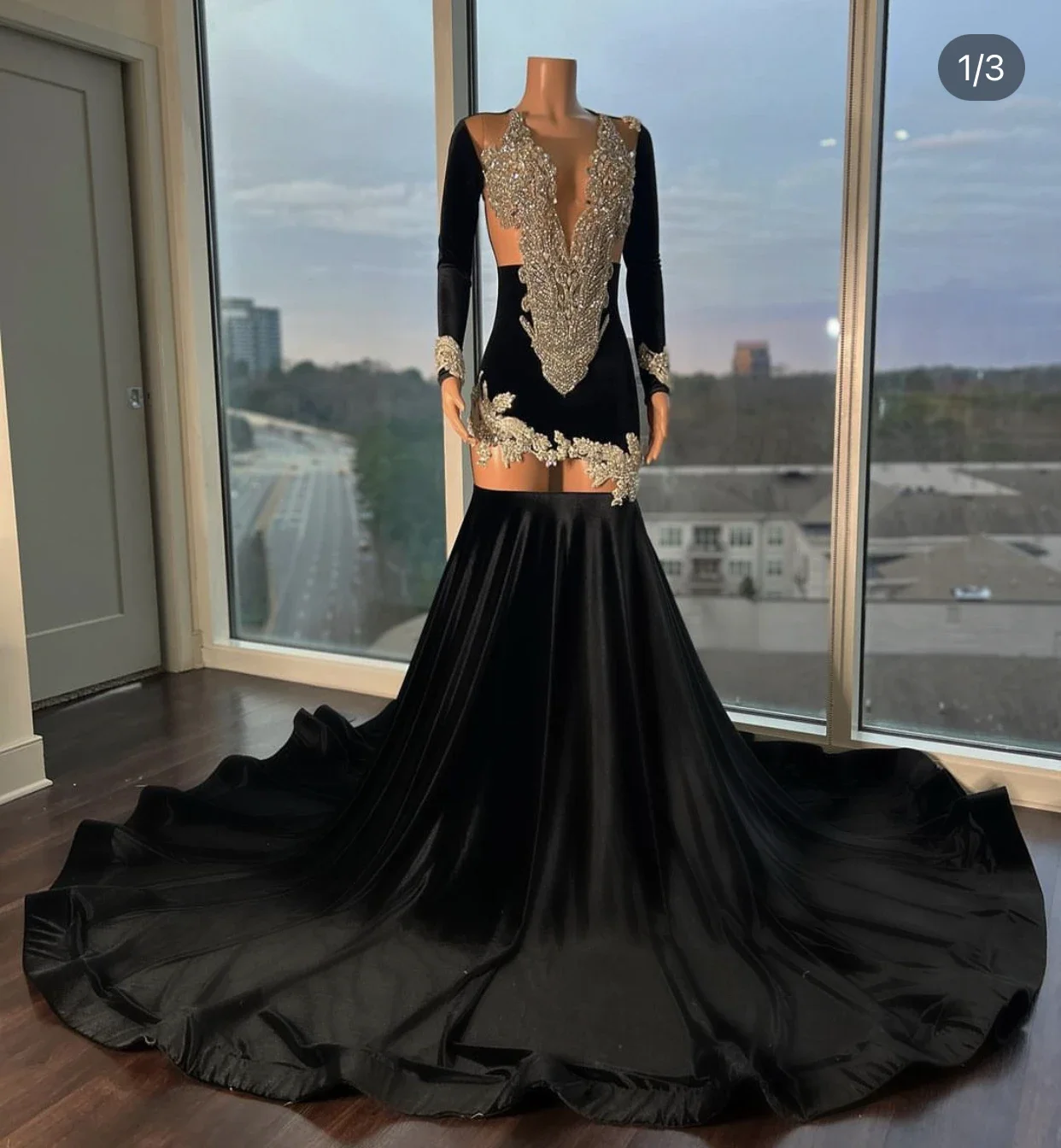 Black Velvet Prom Dresses Luxury Mermaid Sliver Crystal Beaded Long Sleeve Woman Special Occasion Evening Party Gown Customized