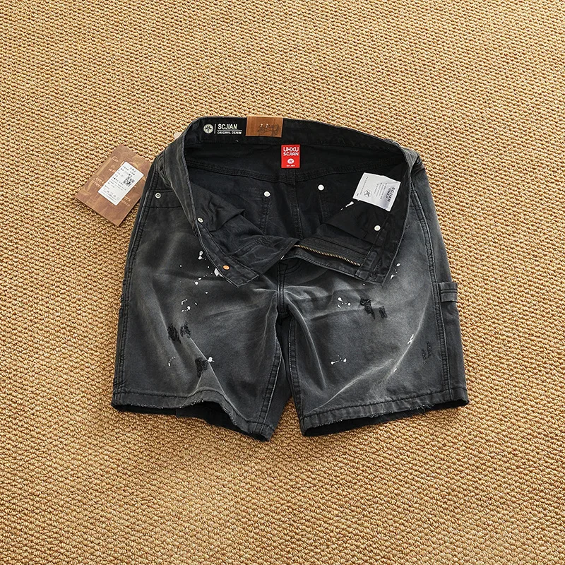 

Мужские джинсовые шорты в американском стиле ретро, окрашенные распылением, потертые, стираные, сверхпрочные, свободные, прямые брюки пяти четвертей.