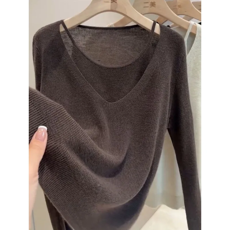 Women Fake Two Piece Knit Top Solid Color V Neck Long Sleeve Slim Simple Casual Basic Blouse