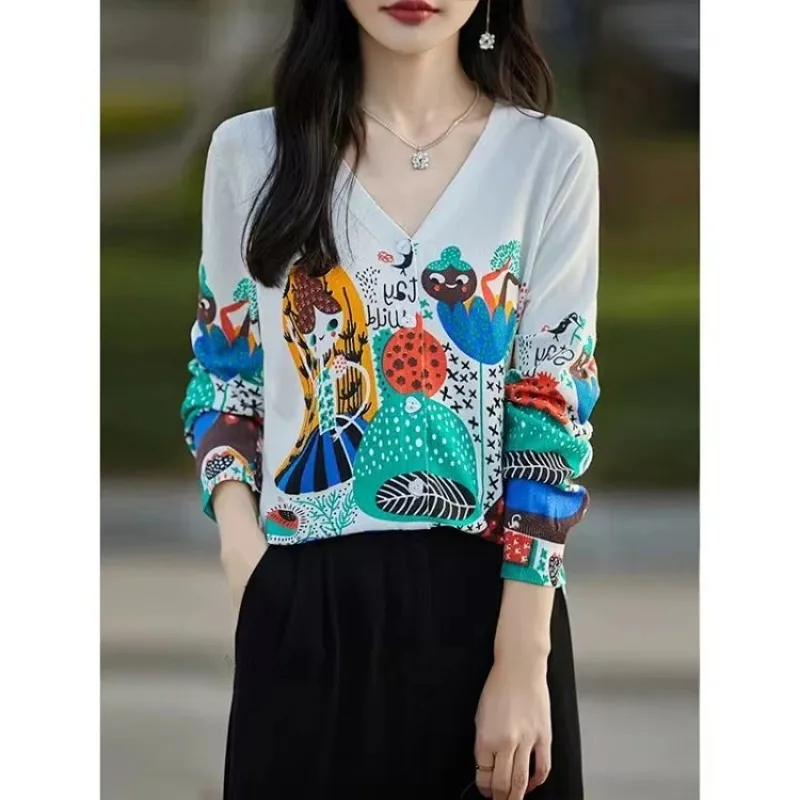 2024 Autumn Printed Knitted Cardigan Women Vintage V-neck Long Sleeve Single Breasted Female Sweater Fashion Lady Knitwear Tops