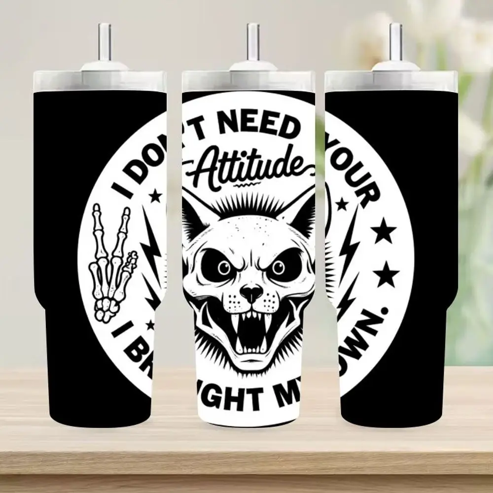 

1PC 40oz Cat Skull Attitude Insulated Mug, Bold Graphic Design Travel Mug, Edgy Menacing Skeleton Hand Coffee Mug, Double-Wall I