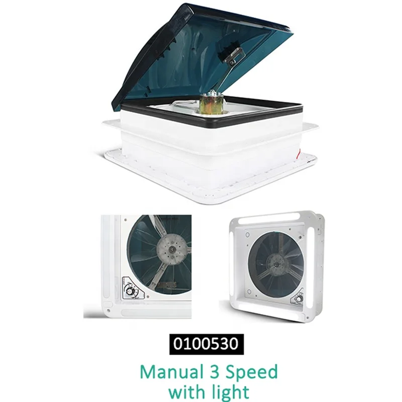 OEM 14 Inch 340 mm Manual Control 12V 3 Speed Adjustable with Light Emitting Diode Light UV Resistant RV RV Camper Vent