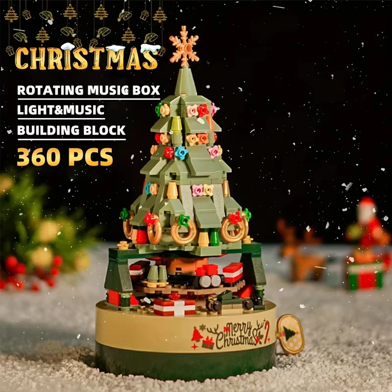 

360 шт., вращающаяся рождественская елка, музыкальная шкатулка, строительные игрушки, строительный блок, креативная сборка мелодии, райский выбор, праздничные подарки