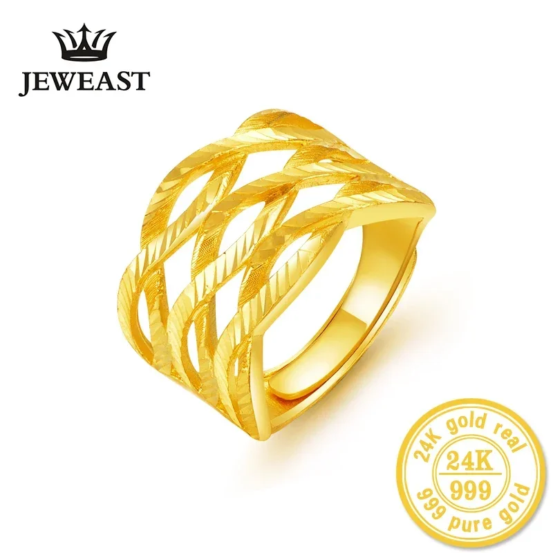 

24K Gold rings real solid good fine au999 exaggerated three twist female ring hot sale 2025 new trendy fine jewelry nice