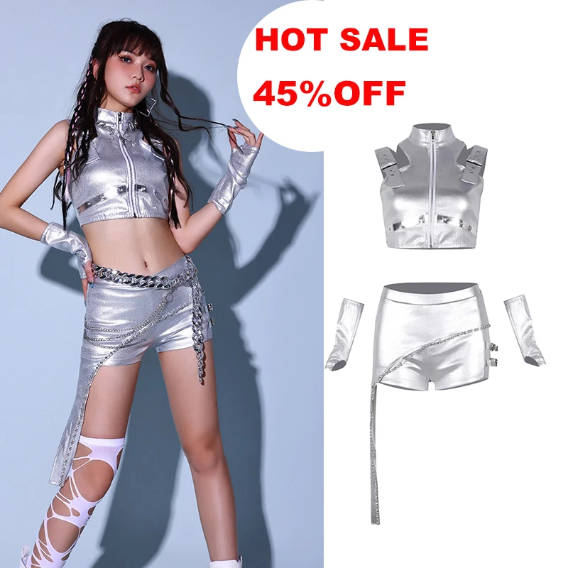 

2026 New Sliver Tops Shorts Kpop Outfits For Girls Group Jazz Dance Costumes Nightclub Dj Gogo Pole Dance Rave Clothes DQS12772