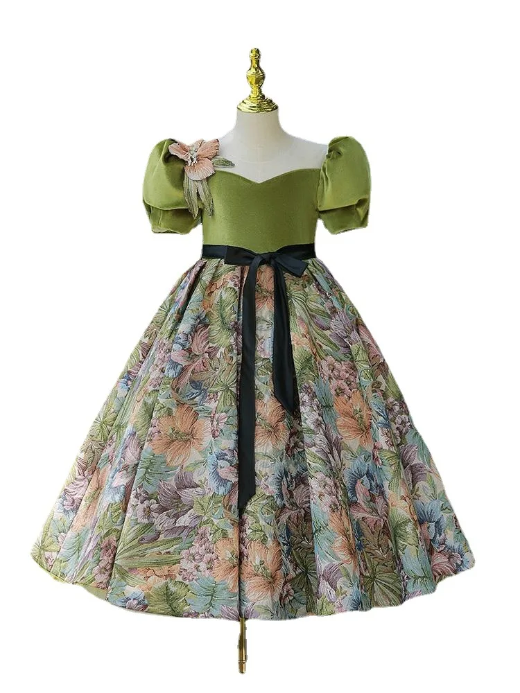 Vintage Ball Gowns for Little Girls Kids Girl Patchwork Floral with Bowknot Dress Teenagers Elegant Prom Party Dresses Kid Frock