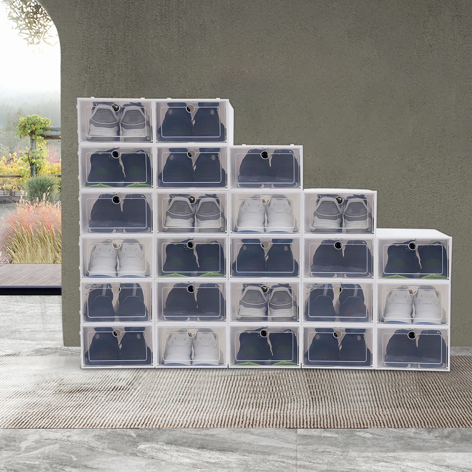 Empilhável Caixa de sapatos transparente, organizadores de sapatos, plástico espessado, dobrável, Dustproof Storage Box, combinado Shoe Cabinet, 24pcs