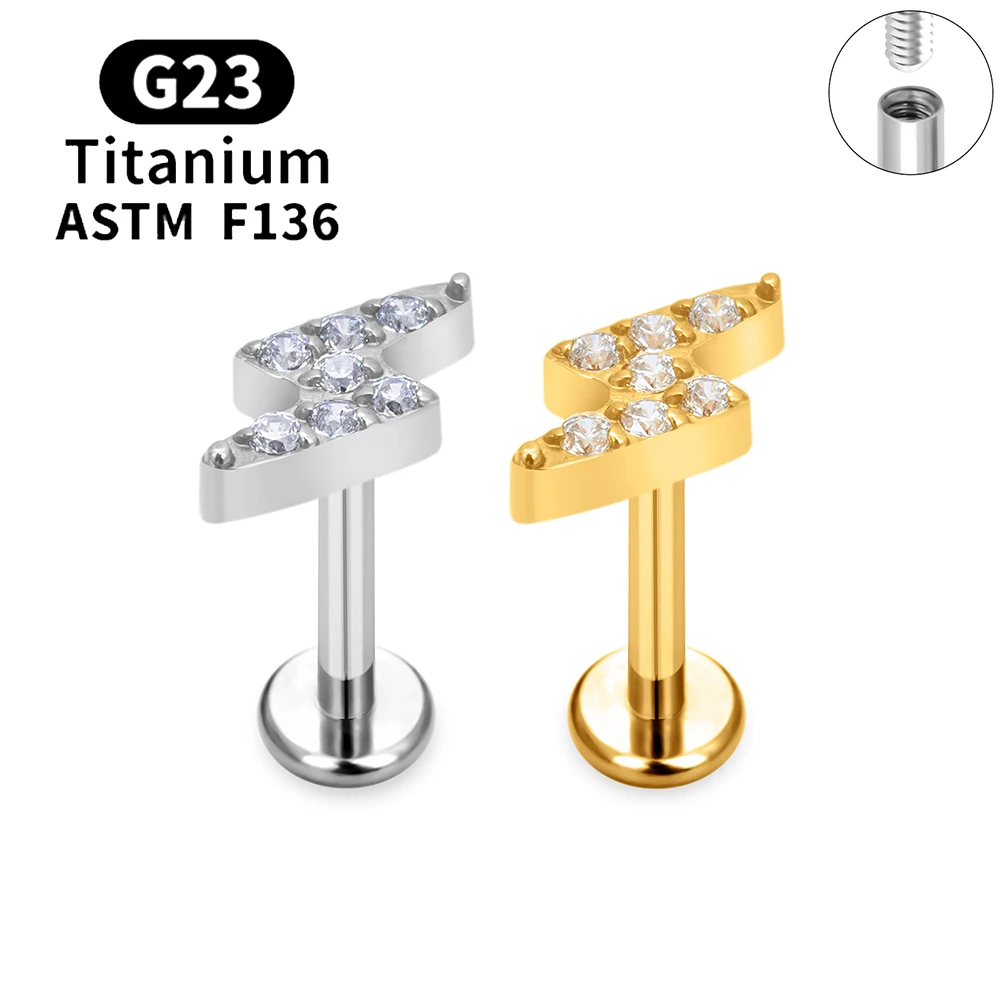 

G23 Titanium Piercing Ear Stud 16G Lightning Shape CZ Top Labret Lip Stud Women Tragus Cartilage Helix Daith Earrings Jewelry