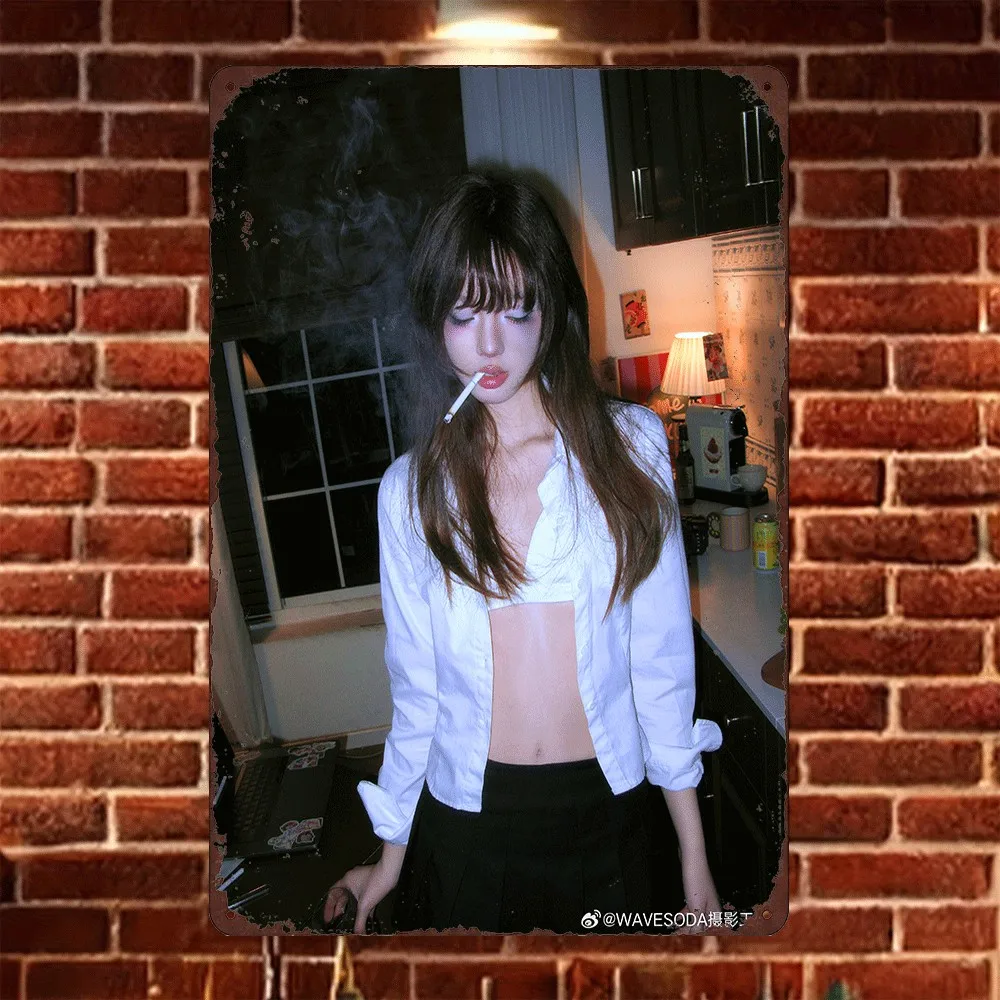 HD Tin Sign Retro Y2K Style Asian Girl Smoking Metal Wall Art Vintage Decor for Bar Cafe Home