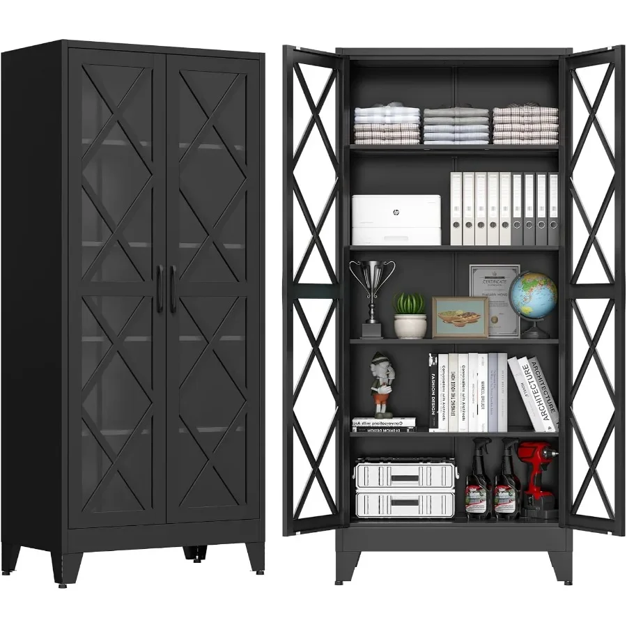 71 Metal Storage Cabinet for Home Office Use, Diamond Black Finish with 5 Adjustable Shelves and Tempered Glass Doors