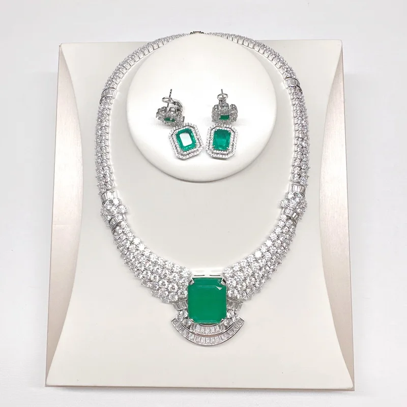 

Дизайнерская коллекция, серьги для ужина, ожерелье, инкрустация, полный кубический циркон, синтетический квадратный кулон Параиба, наборы ювелирных изделий