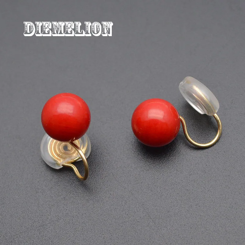 Hot Sale Natural Red Sea Bamboo Coral Clip on Earrings Without Piercing for Girls Party Simple No Hole Ear Clip Jewelry 8/10mm