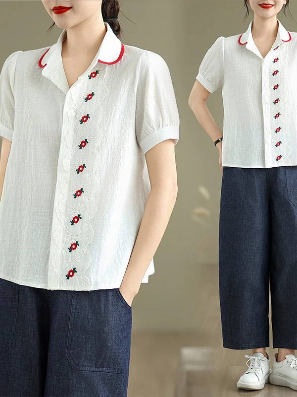 Estate 2025 Versatile pizzo rosso dolce colletto per bambola bottone singolo allentato dimagrante bianco puro cotone irt Casual Sle vestibilità ampia
