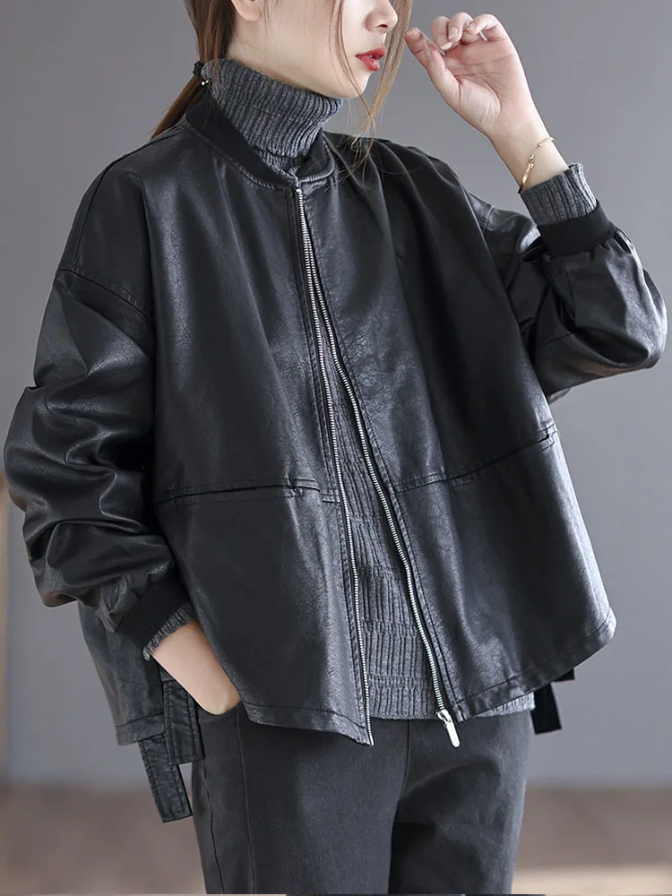 2023 Autumn Females Fashion Biker Clothes Womens Loose Vintage Faux Leather Jackets Ladies Luxury Punk Pu Coats Black Outerwear