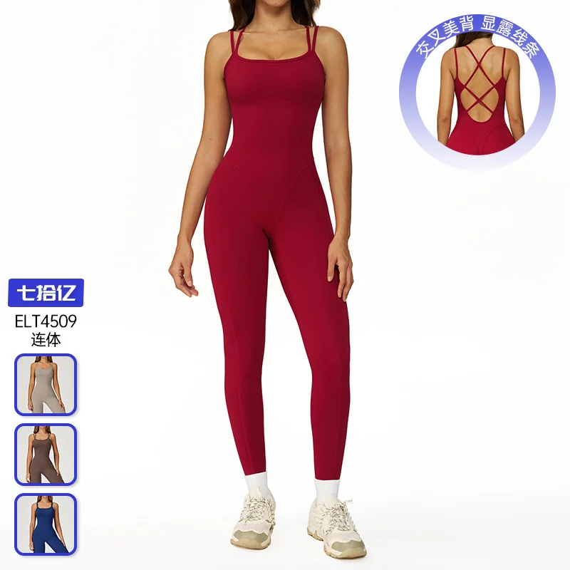 

Black nude jumpsuit, cross-shaped backrest one-piece slimming suit, white yoga suit, outdoor running suit, red fitness suit