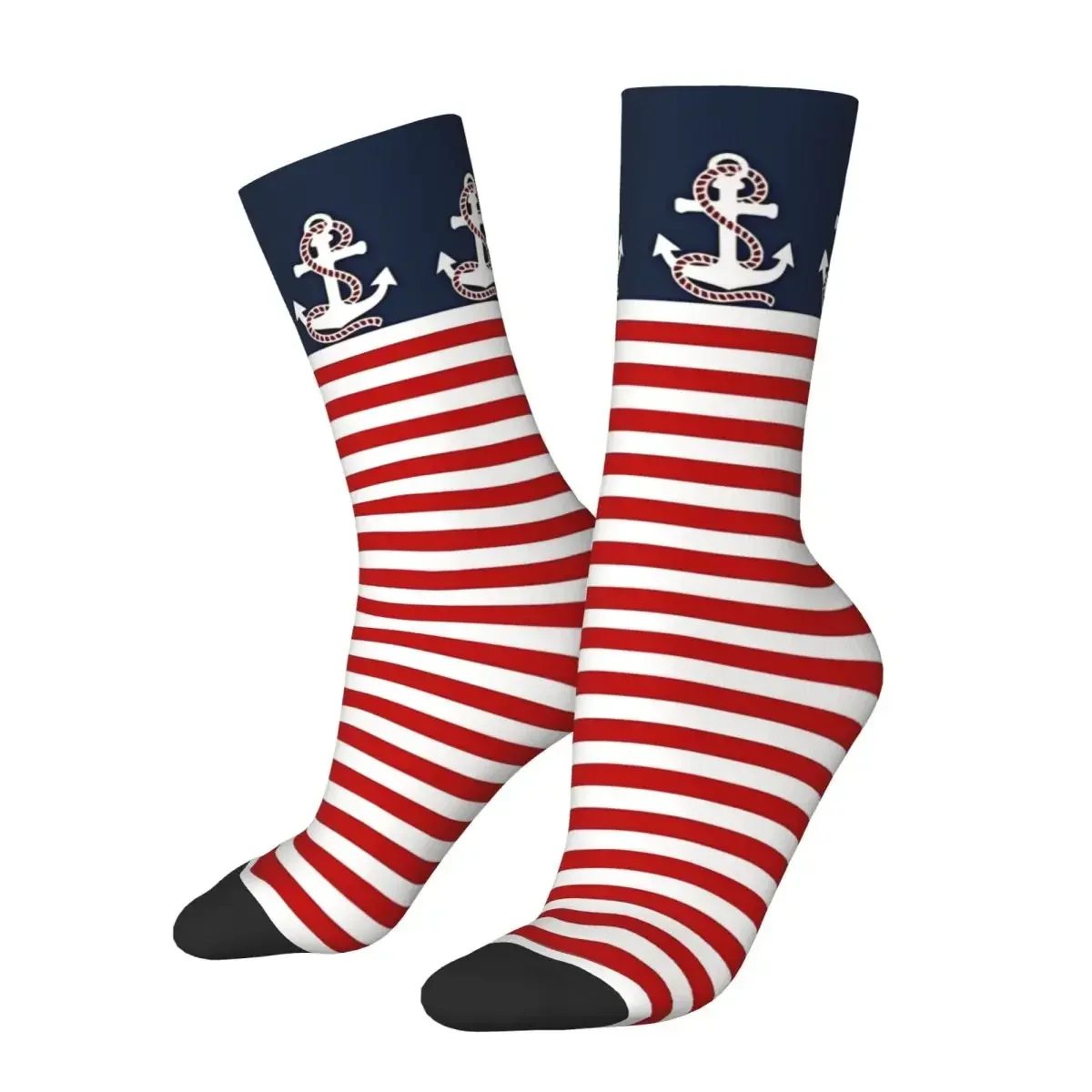 Happy Men's Socks Nautical Red White Stripes and Red Anchor on Blue Background Retro Harajuku Casual Crew Sock Gift Pattern