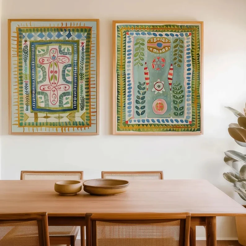 2pcs Modern Boho Abstract Green Tapestry  Wall Art Print Canvas Painting Poster Picture For Living Room,Bedroom Home Decor