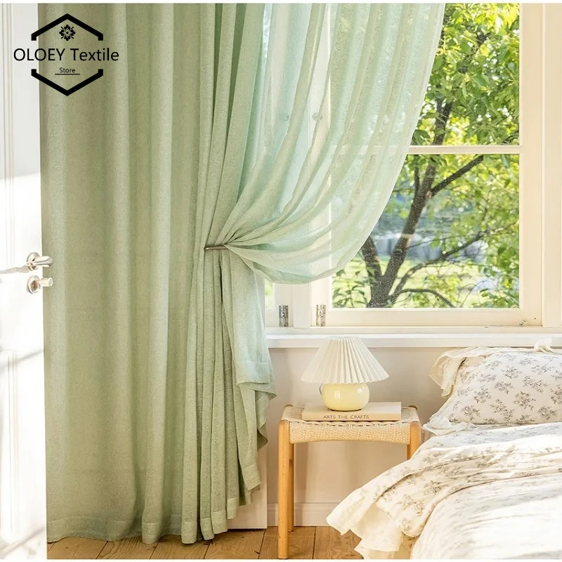 

Japanese Mint Green Voile Curtains Light Filtering Privacy Modern Custom Size Drapes for Living Room Bedroom Balcony Decor Tulle