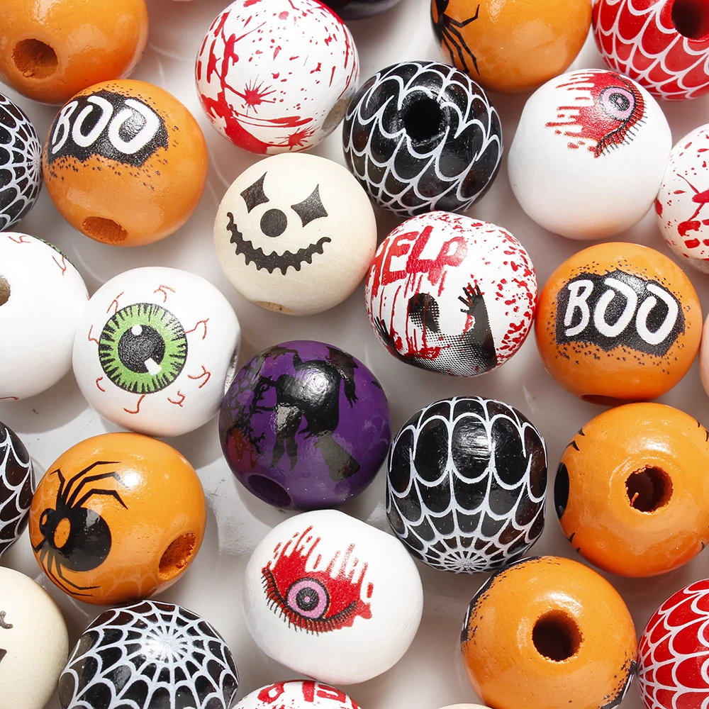 10pcs 16mm Wooden Spacer Beads Halloween Print Spider Eye Witch Bloodstain Ghost Face Mask Beads For Making Bracelet Necklace