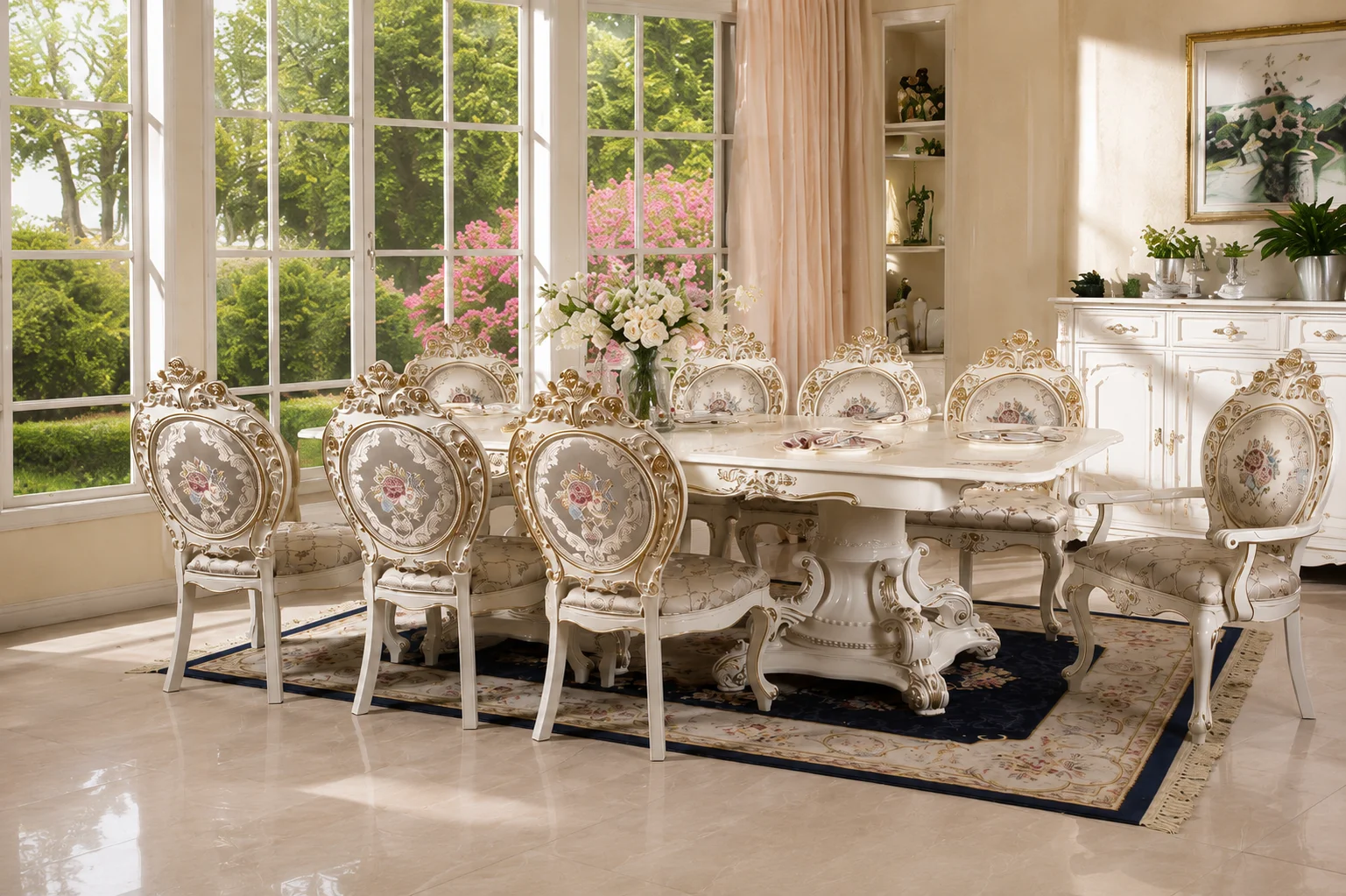 European Royal Banquet-style Extendable Dining Set with Ivory White Lacquer Finish Made ABS MDF Solid Wood for Hotel School Use