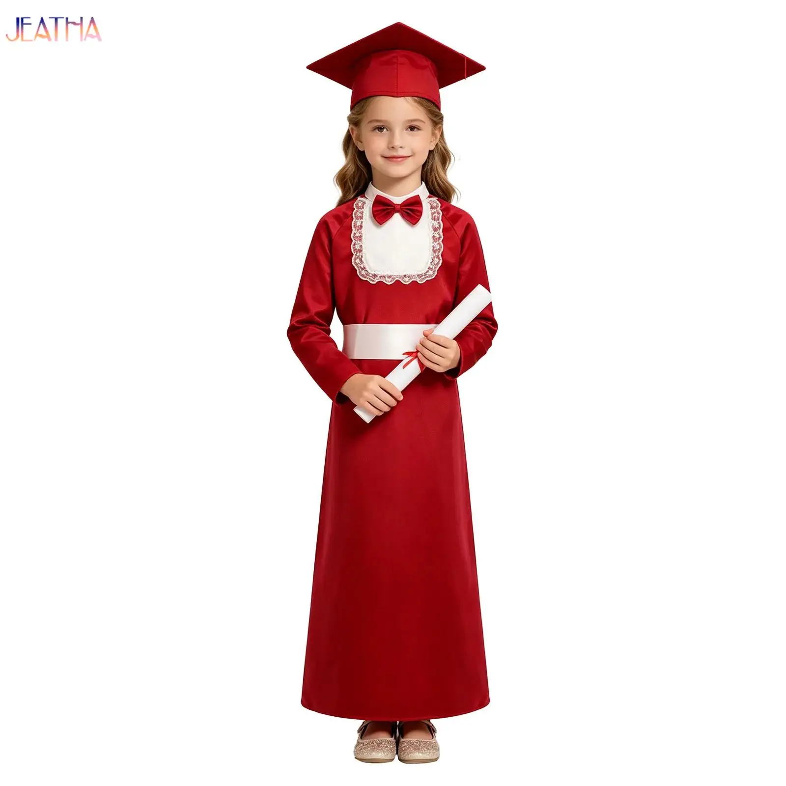 Girls Boys Church Choir Robe Dress Mock Neck Long Sleeve Lace Trim Bow Tunic Gown with Belt Set for Event Halloween Theme Party