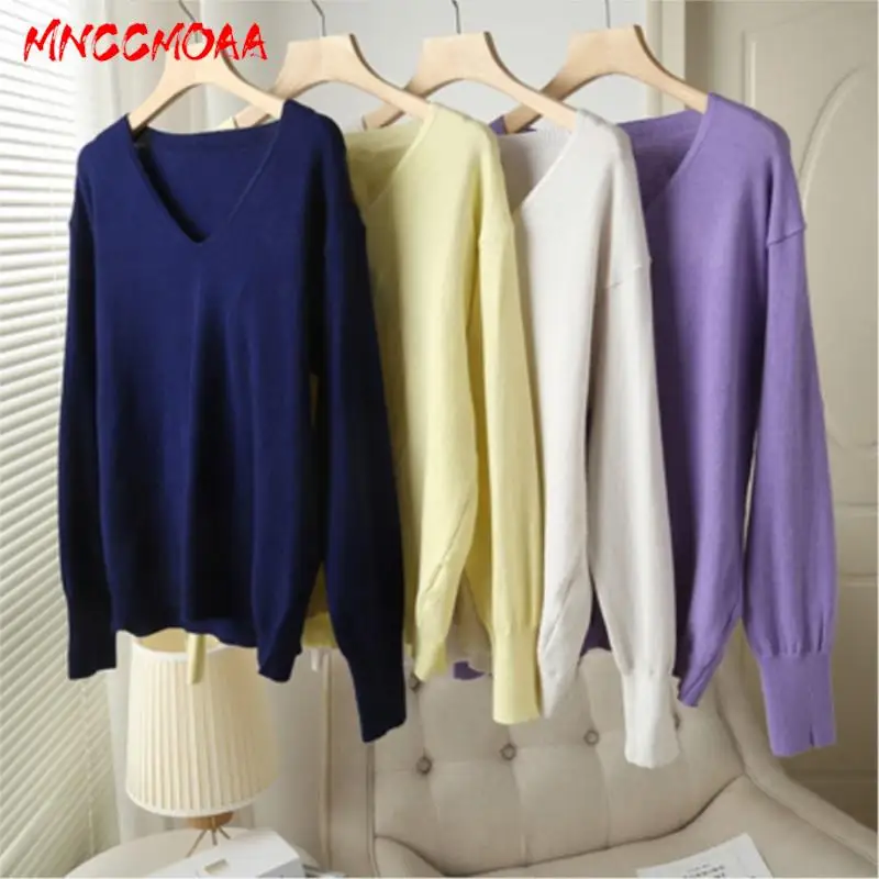 MNCCMOAA 2024 Autumn Winter Women Fashion Loose V-Neck Knitted Sweater Female Solid Color Casual Long Sleeve Tops Outerwear