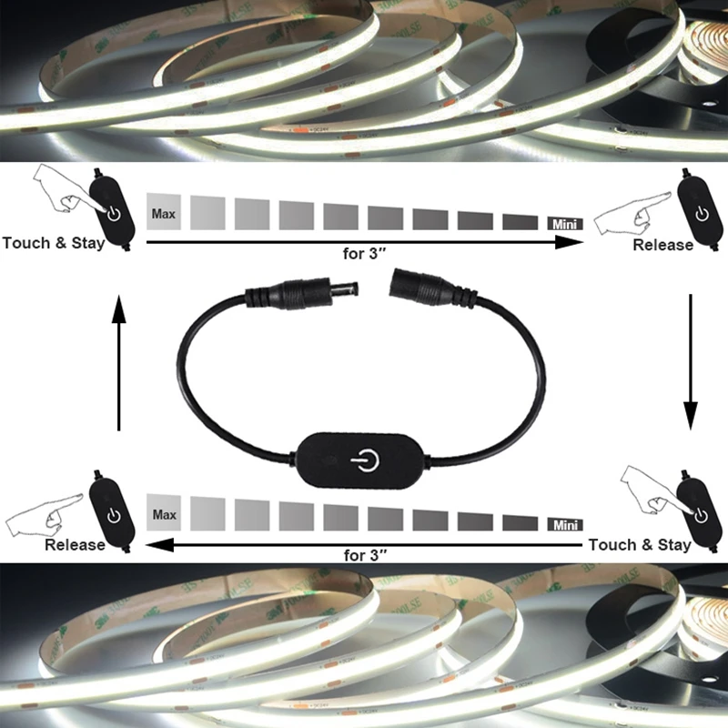 DC12V 5V 3A LED Tape Lights Touch Dimmer Switch Brightness Dimming Memory Function with DC Plug for 5050 SMD COB LED Strip