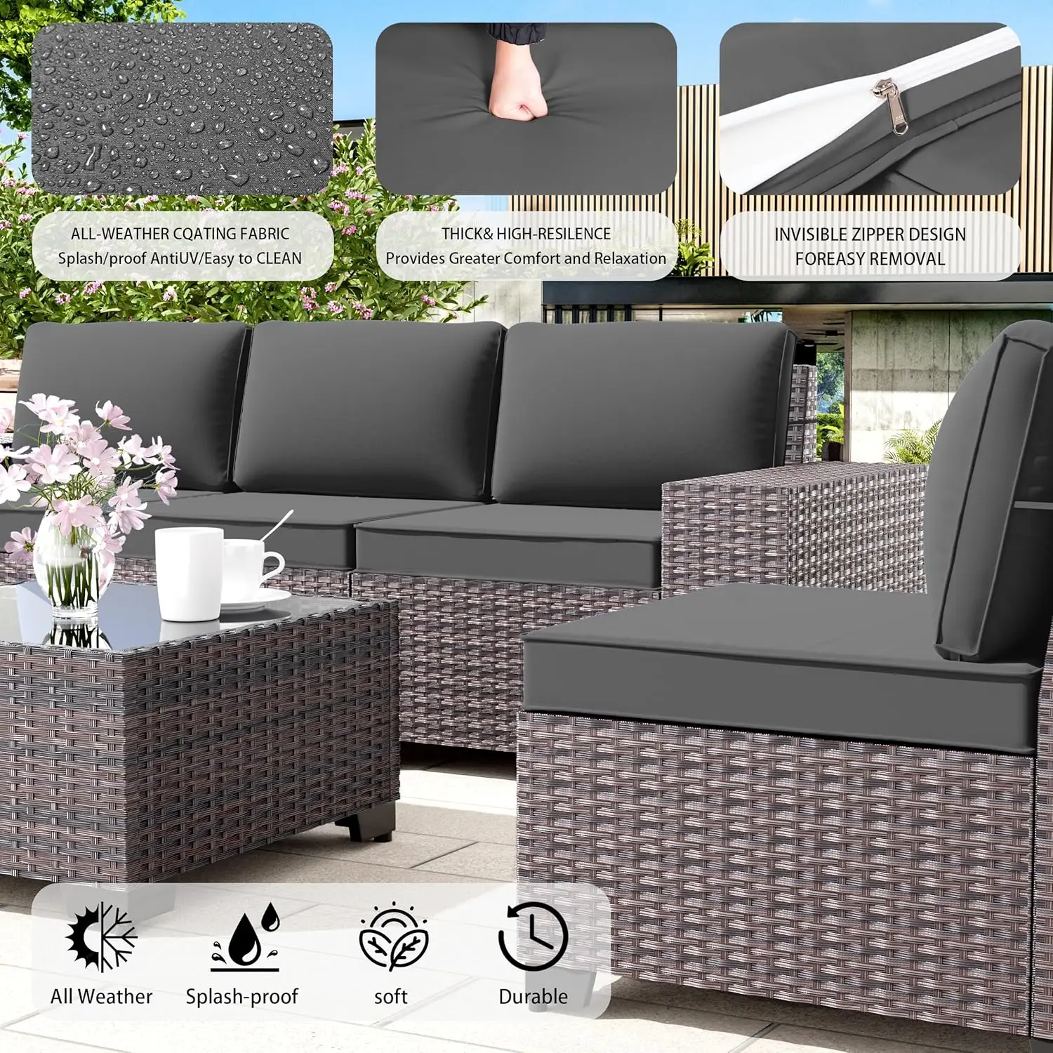Outdoor PE Wicker Furniture Set, All Weather Pátio sofá secional, Conjuntos de Conversa Modular, 6 Pcs