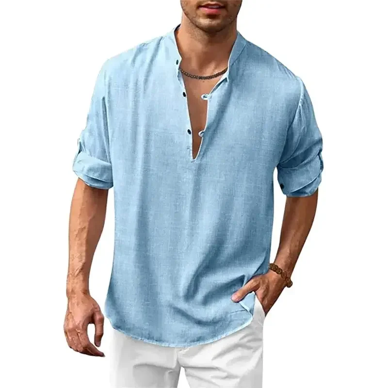 Men V Neck Button Splicing Pullover Shirt Simple Style Solid Color Cotton Linen Blouse Male Beach Casual Long Sleeves Loose Tops