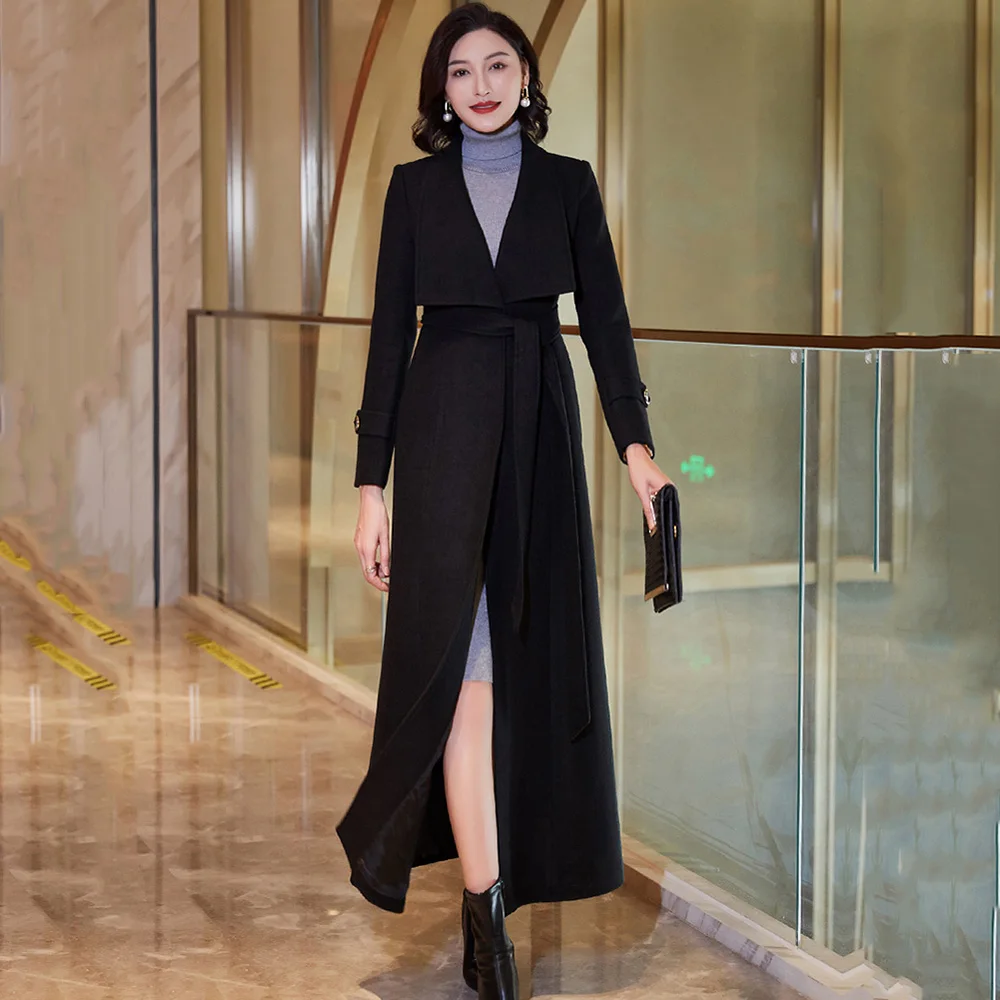 

New Autumn Winter Black Long Wool Coat For Women Fashion Elegant Big Turn-down Collar Single Breasted Slim Wool Blended Overcoat