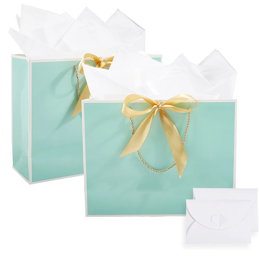 2Pcs 12.6 x 4.3 x 9.8 Inch Green and White Gift Bags Paper Bags with Ribbon Handles Tissue Storage Present Paper Party Favor