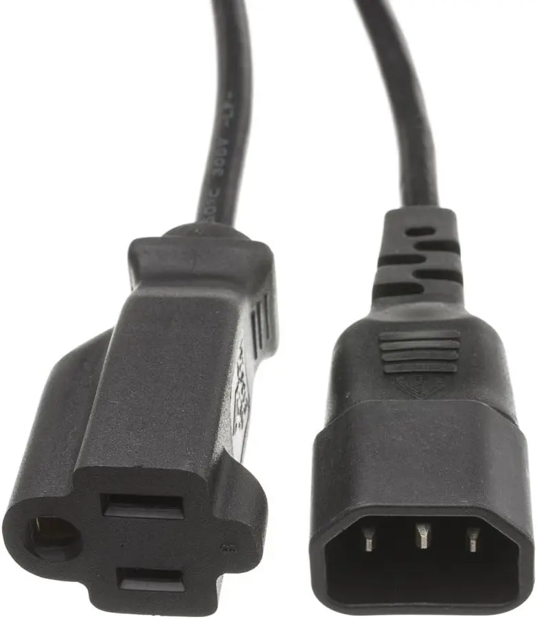 Computer/Monitor Power Cord Adapter, C14 Male to NEMA 5-15R Female, 10 Amp, 18 AWG, Extension Cord, 3 Foot, Black