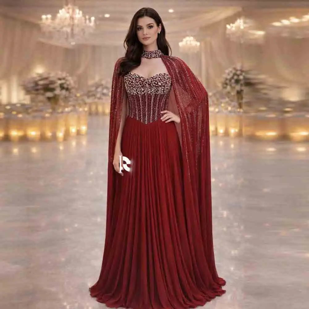 

Customized Luxury Beaded Evening Dress with Cape Dark Red Chiffon Corset Formal Evening Gown Crystal Detail Wedding Guest Dress