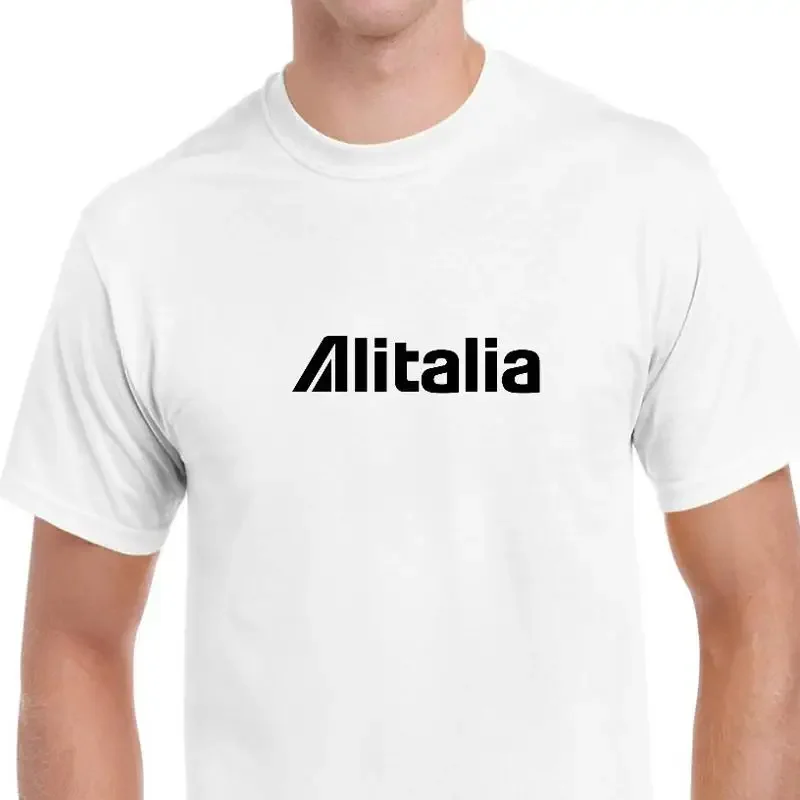 Camiseta de algodão branco com logotipo retrô preto da Alitalia, companhia aérea italiana