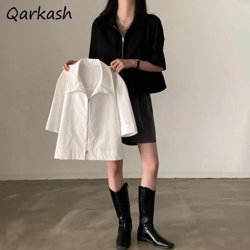 

T-shirts Women Zipper Youthful Design Fashion Casual Loose Turn-down Collar Chic Korean Style All-match Streetwear Charming Cozy