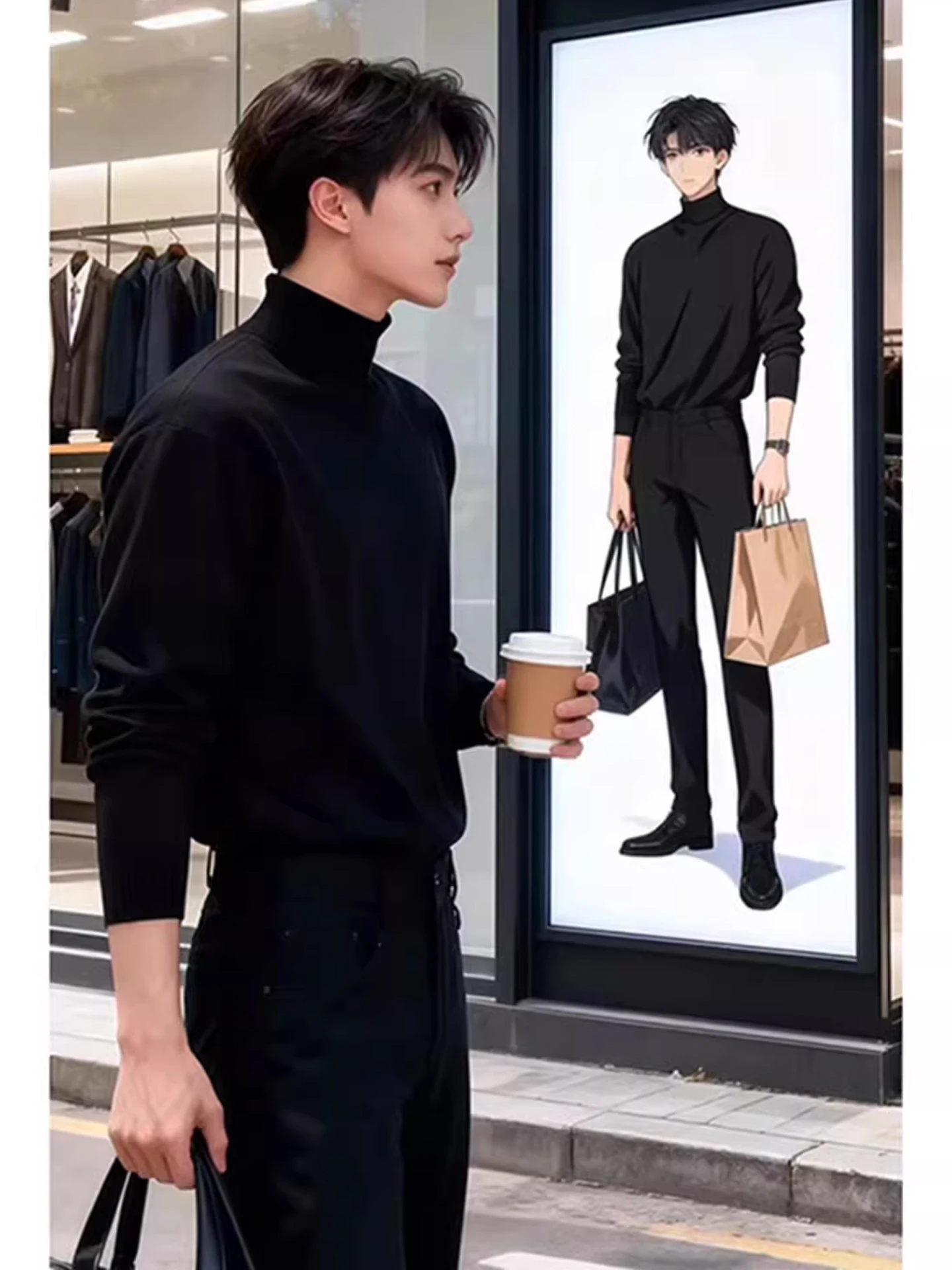 

Мужской трикотаж с высоким воротником на подкладке, приталенный крой, внутренняя одежда, зимняя теплая повседневная одежда из полиэфирного волокна Long Sve Crew Ne