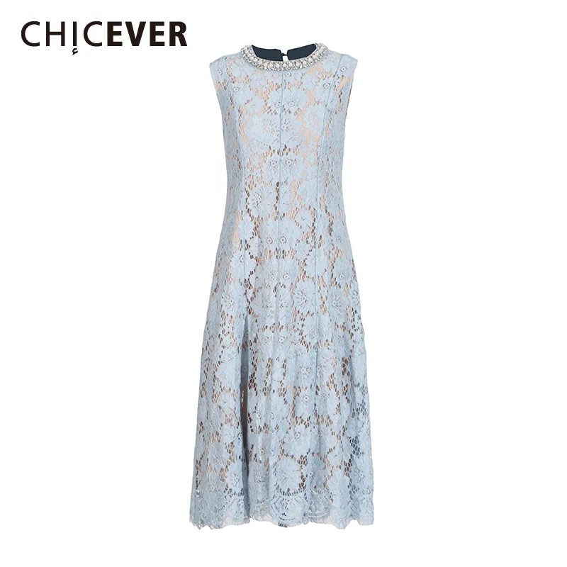 

CHICEVER Baby Blue Party Dresses with Hollow Out for Women O Neck Sleeveless High Waist High Waist Temperment Dress Female New