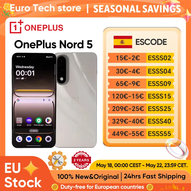 OnePlus Nord 5 Smartphone 5G Snapdragon 8s Gen 3 Pantalla AMOLED de 6,83” 144 Hz 5200mAh 80W SUPERVOOC Carga 50MP Cámaras duales