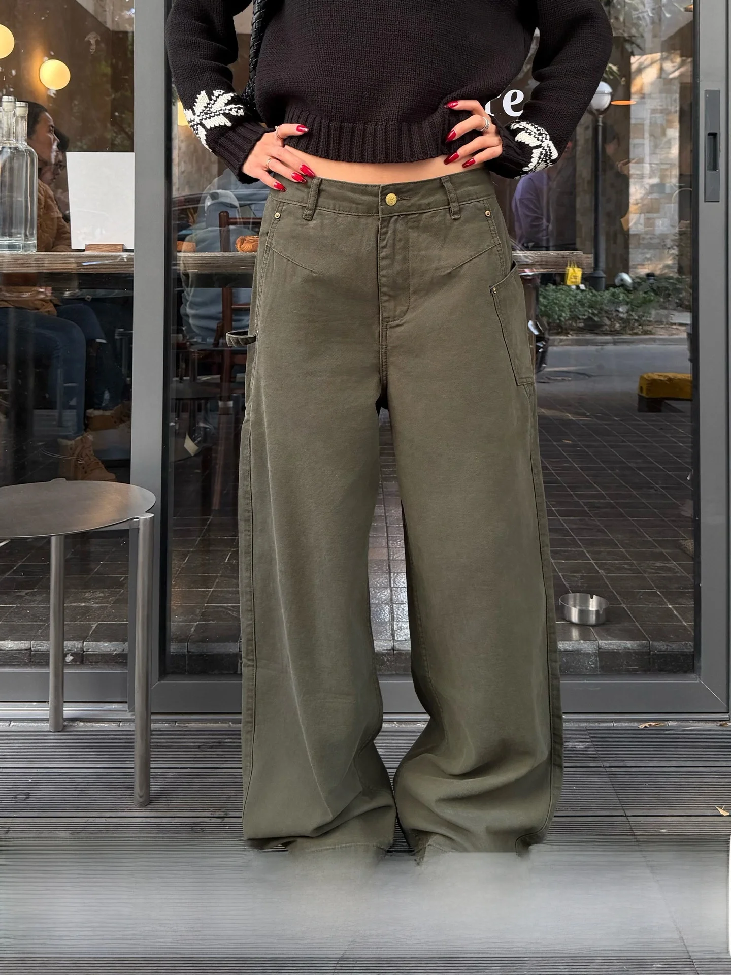 

Retro Military een Denim Jeans Women's Loose Straight Leg Slimming Versatile Pants Spring Autumn l Waist Cotton