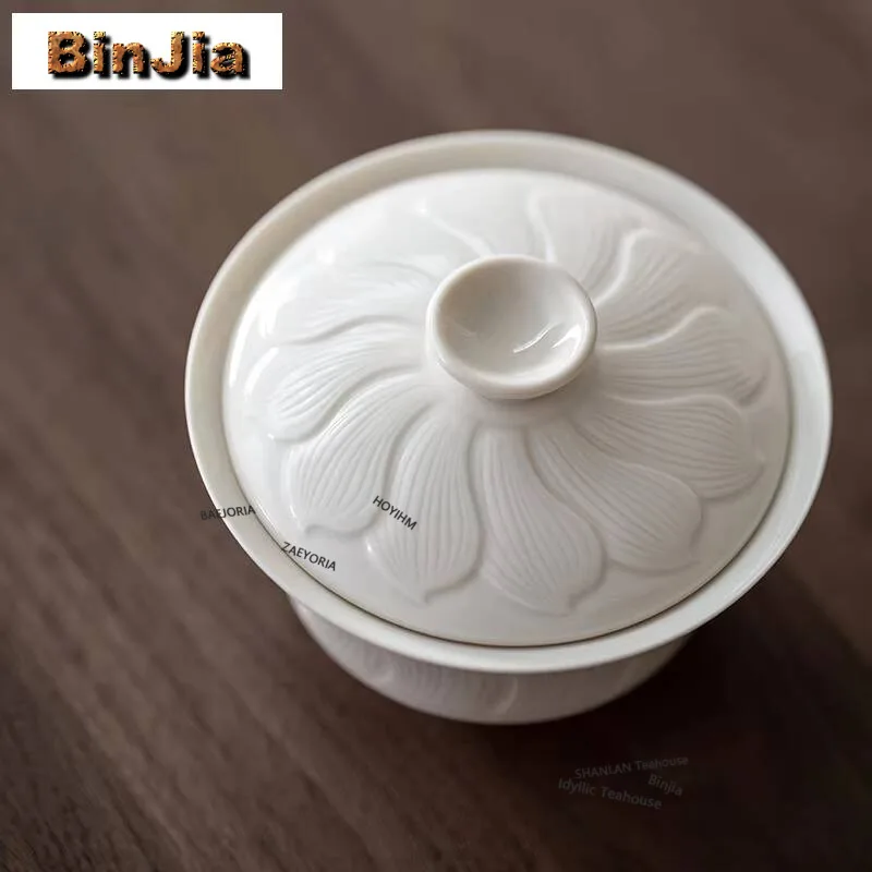 135ml Ding Kiln Lotus Leaf Horseshoe Gaiwan Vintage Tea Tureen Tea Bowl With Lid Kit Tea Maker Cover Bowl Cha Decoration Craft