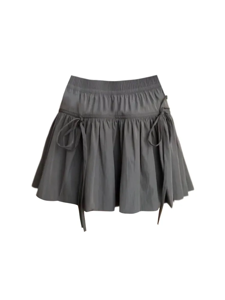 

New Design Fashion Sweet Bow Solid Mini Pleated Skirt Summer Women Elegant Slim A-line Skirt 2000s Chic Cute Aesthetic Mori Girl