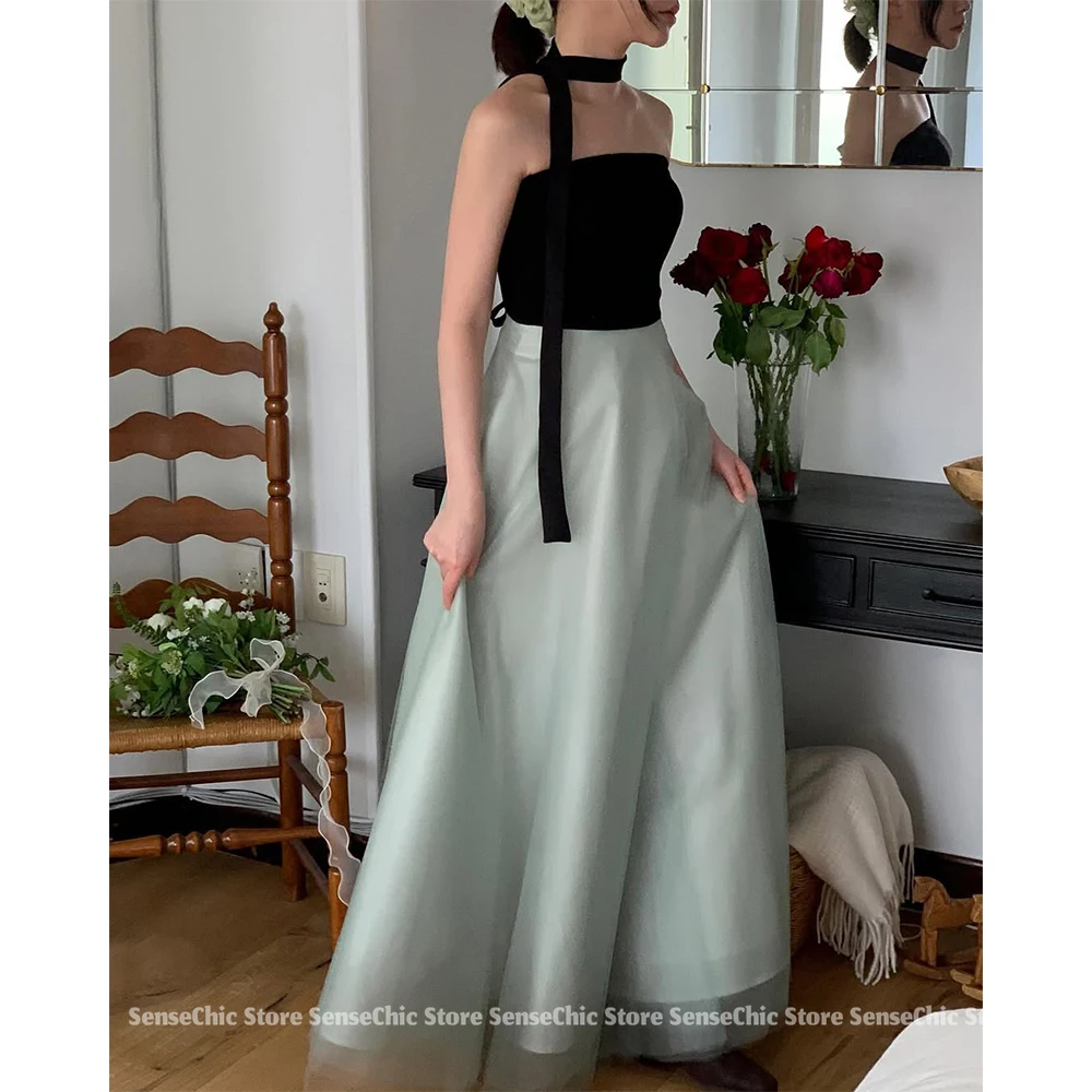 여성을위한 간단한 검정과 녹색 이브닝 드레스 한국 a 라인 우아한 Strapless Tulle 파티 공식 행사 드레스 맞춤형