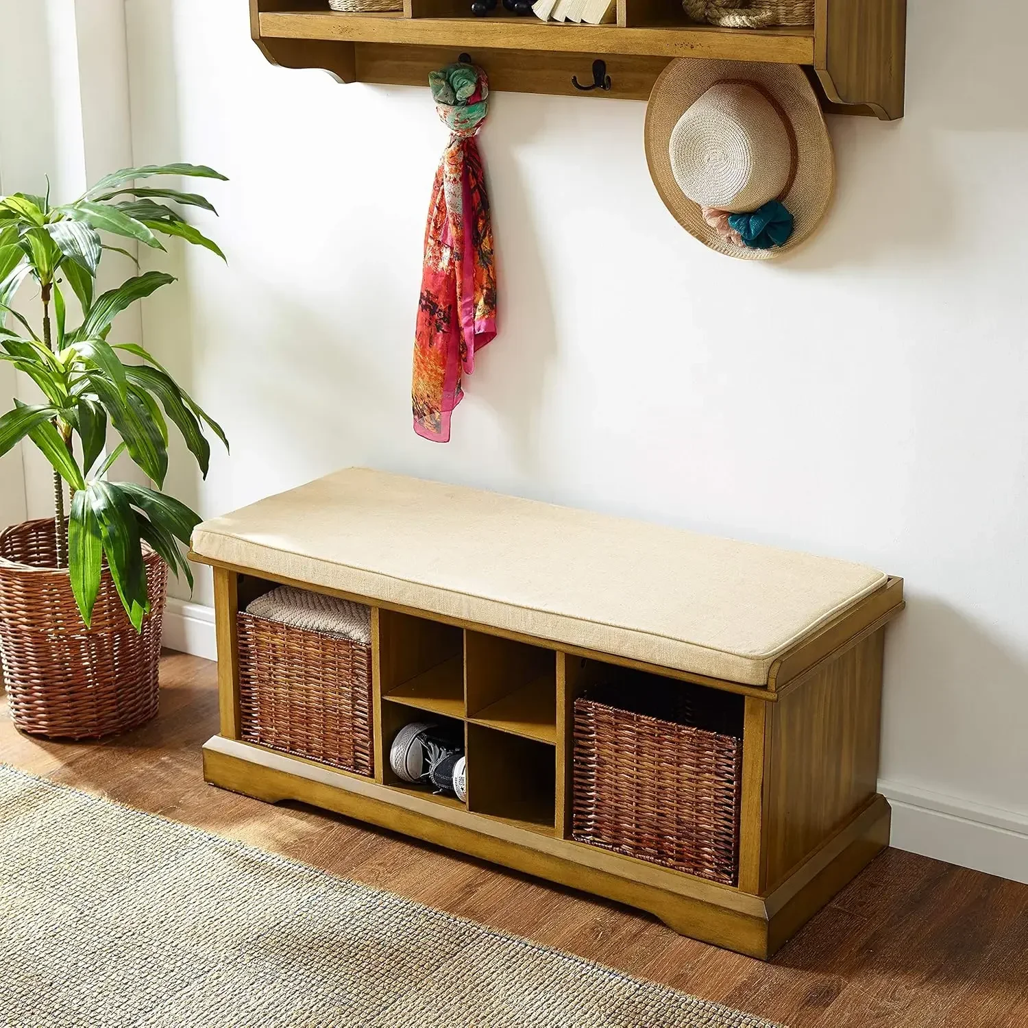 Crosley Furniture Brennan Entryway Storage Bench with Wicker Baskets and Cushion, Natural