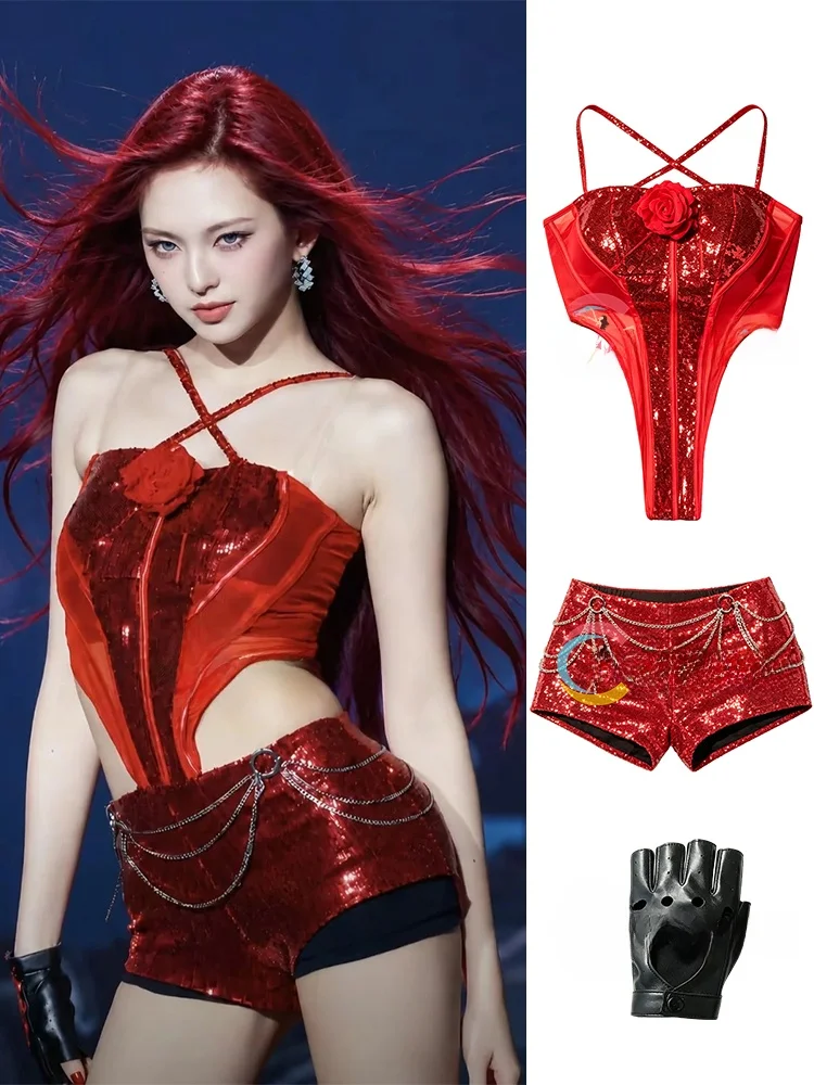 Red Jazz Stage Performance Costume for Women's Group Babymonster Chiquita Small Seven Dance Suit National Stage Outfit