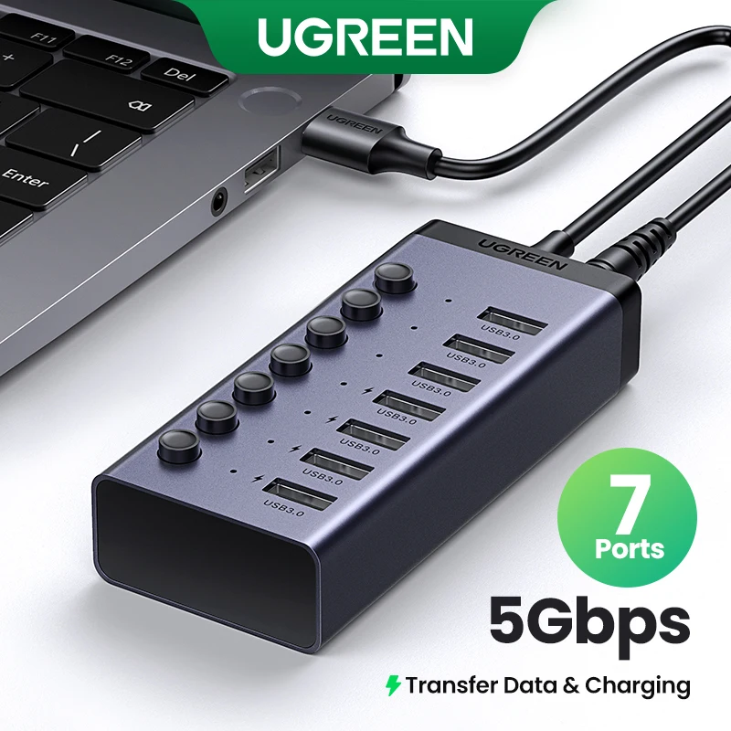 (RU Special) UGREEN USB Splitter USB-A to USB3.0 7Ports 5Gbps Plug & Play Individual Switch