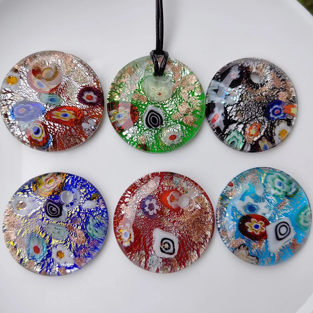 1PCS Red Blue Round Glass Murano Crystal Flower Pendant Necklace For Women Floral Swirl Lampwork Cheap Item With Jewelry Gift
