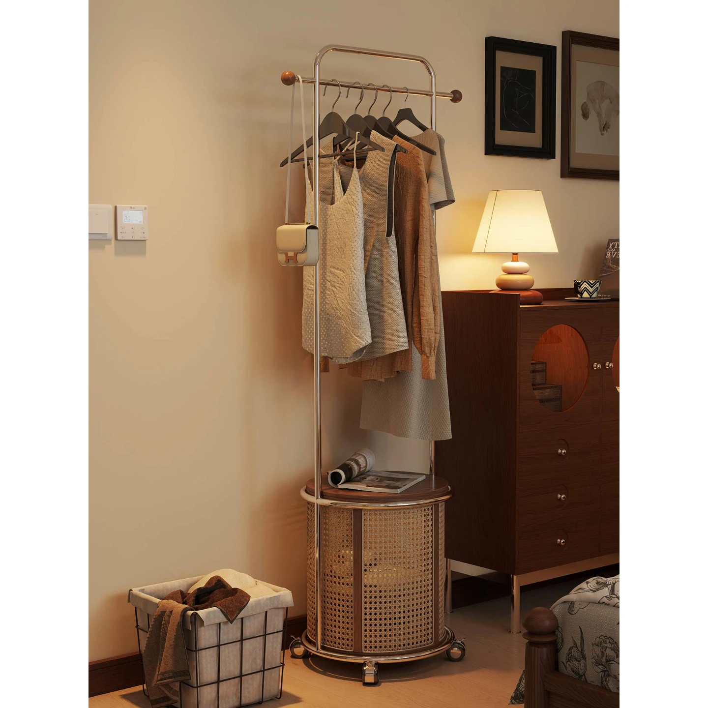

Solid wood rattan storage floor display rack coat rack mobile