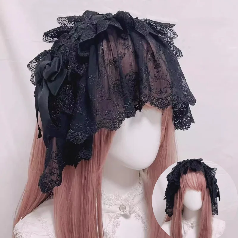 Handmade Gothic Retro Lolita Headband Dark Black Veil Vintage Elegant Bow JK Lolita Daily  Collocation Women Headwear