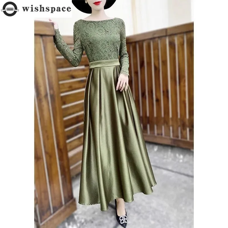 

2022 Spring and Autumn New Fashion Goddess Style Dress Skirt Lace Stitched Satin Fake Two Thin and Elegant Women's Dresses